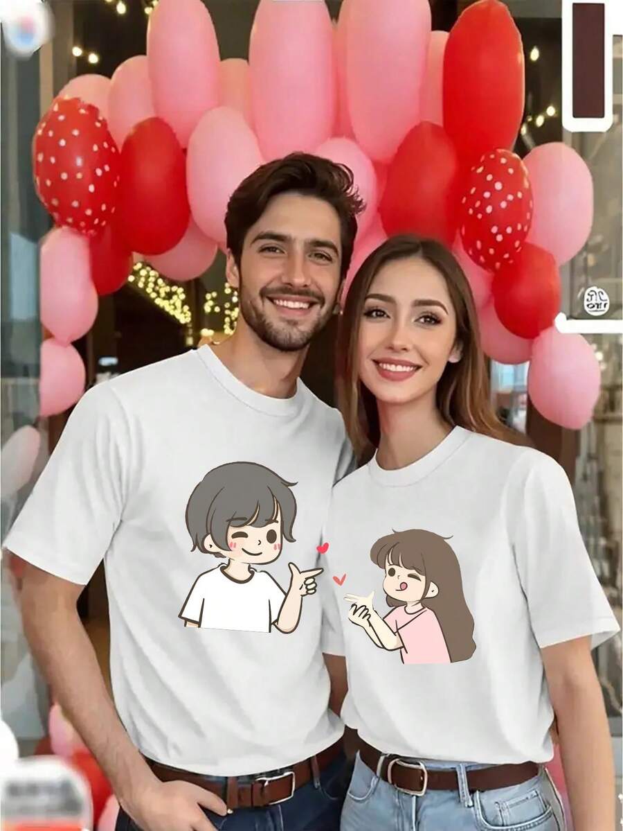 1PC Envío Local - Regalo de San Valentín, Camiseta de Pareja - Camiseta a Juego para Él y Ella - Diseño de Personaje de Dibujos Animados Romántico, Cuello Redondo Casual de Manga Corta, Múltiples Colores - Conjunto Perfecto para Parejas, Conjunto de Verano o Noche de Citas, Adecuado como Regalo