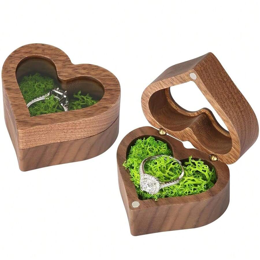 LETURE Wood Ring Display Box With Transparent Cover Single Slot 2 Slot, Heart Shaped Person.Alized Wooden Jewelry Box For Proposal Engagement Wedding Ceremony Anniversary (With Moss),WithMoss - 含苔蘚 - 查看 1