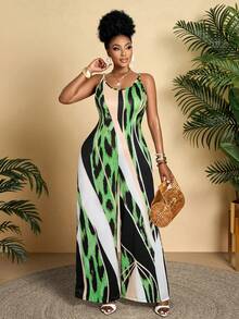 BIUBIU 新款加大码女式休闲度假沙滩豹纹数码印花吊带连体裤阔腿裤，春夏款