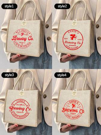 1pc Valentine Cupid's Brewing Co Print Linen Tote Bag,Love Potions Svg Handbag, Valentines Gift,Reusable Printed Women'S Tote Bag, Double Handle Shopping School Bag, Large Capacity Shoulder Bag, Casual Tote Bag, Christmas Storage Bag, Suitable For Commuting, School And Shopping, Convenient For Outdoor Use, Perfect Gift For Her,Perfect Choice For Vacation And Festival,Valentine Sublimation, V-Day