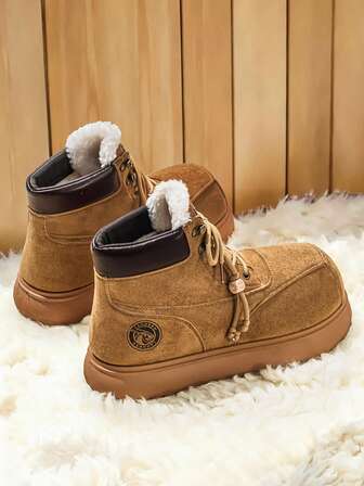 Men's Snow Boots, Winter Plush Lace-Up Mid-Calf Boots, Suede Leather Face, Fluffy Lining, Warm & Comfortable, Outdoor, Travel, Snowfield Anti-Slip, Personalized Street Style, Suitable For Various Occasions, Plus Size 45