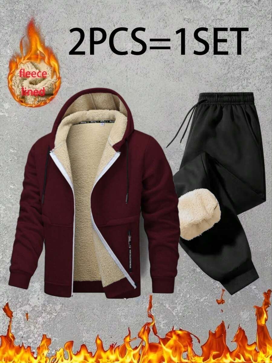 男士户外连帽运动套装（两件套），保暖加厚连帽衫+松紧腰运动裤，休闲百搭装扮 - 彩色 - 查看 1