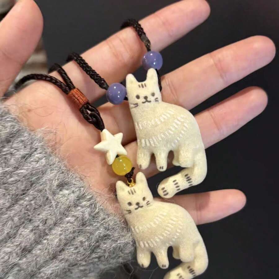 复古猫咪项链，串珠吊坠项链饰品，女童颈链 - 彩色 - 查看 1