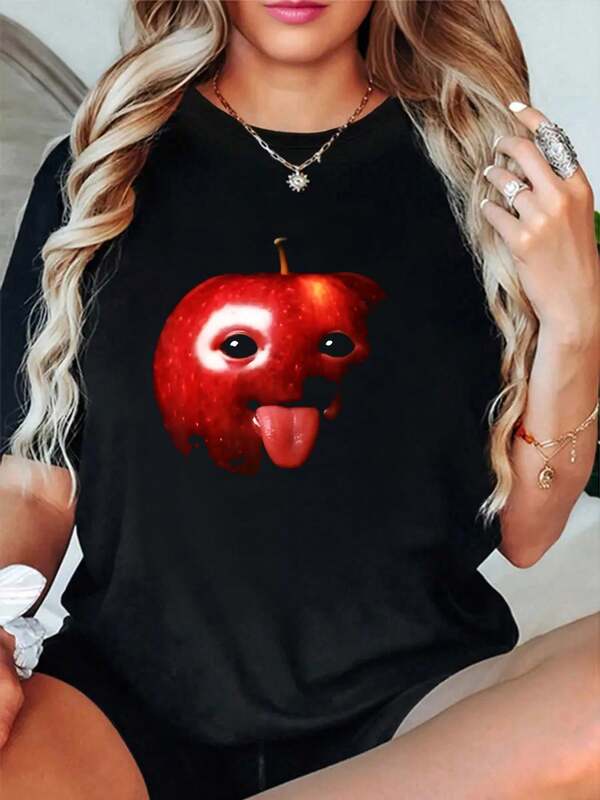 100% Cotton Funny Silly AI Apple Gen Z Meme BrainRot Humor Tongue Out T-Shirt Women's Men's Graphic Tee Crew Neck Classic Fashion Summer Vacation Tops