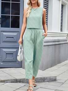 Women's Casual Sleeveless Round Neck Cropped Gingham Top With Matching Non-Stretch Gingham Pants Two-Piece Set - Màu xanh Bạc hà - Xem 6