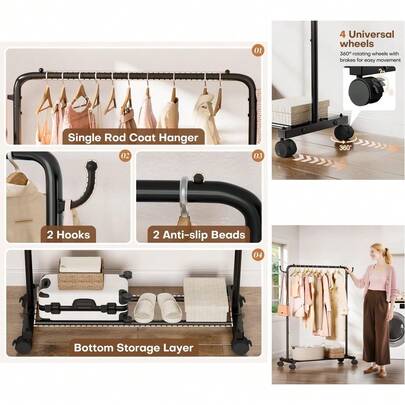 32" Black Heavy Duty Carbon Steel Standing Clothes Rack With Lockable Wheels And Luggage Shelf For Coats, Dresses & More