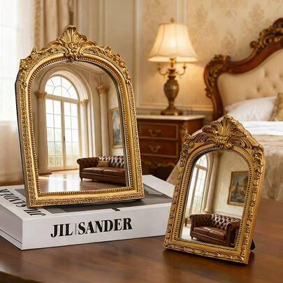 1pc Baroque Style Arched Carved Decorative Mirror, High-End Home Decor For Living Room, Bedroom, Vanity, Housewarming Gift