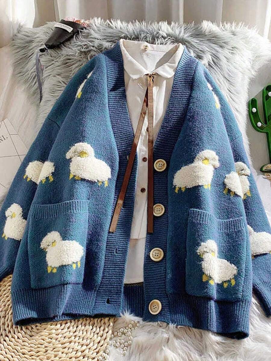 Cardigans oversize para mujer: suéter de punto grueso de estilo coreano para combinar con otras prendas, corte holgado, chaqueta cardigan de corte relajado. - Azul - Ver 1