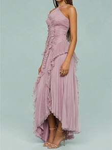 Women's Y2K Halter Neck Long Dress Elegant Sleeveless Backless Ruffles Tiered Cocktail Party Vacation Long Evening Dress - Hồng - Xem 3