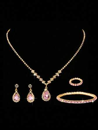 5pcs Sparkling Rhinestone Jewelry Set, Pink Y2K Chic Earrings, Ring, Bracelet, Necklace Combo, Bridal Wedding Dress Accessories