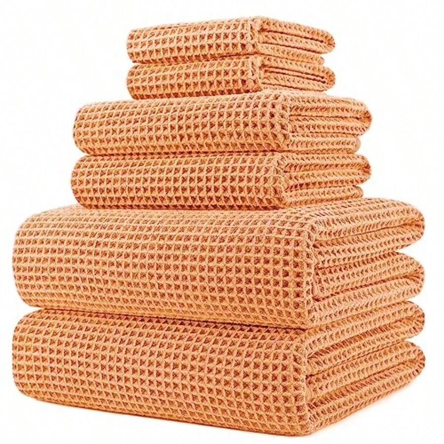 Oversize 60 X 30 In. Quick Dry Lint Free Microfiber Bath Towel Set 6 Piece Orange Waffle Weave - Orange - View 1