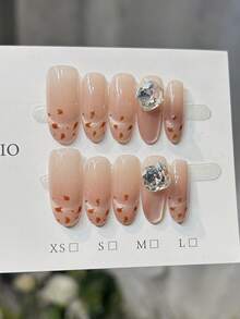 10片手工椭圆形亚克力美甲贴片，长款，柔和粉色，闪亮猫眼，豹纹图案，镶嵌大颗水钻，前卫优雅简约的秋季美甲，秋季贴片美甲，适合派对、日常、约会、海滩、热带度假等场合，DIY假指甲，适合女性和女孩作为礼物，美甲用品 - 粉色 - 查看 2