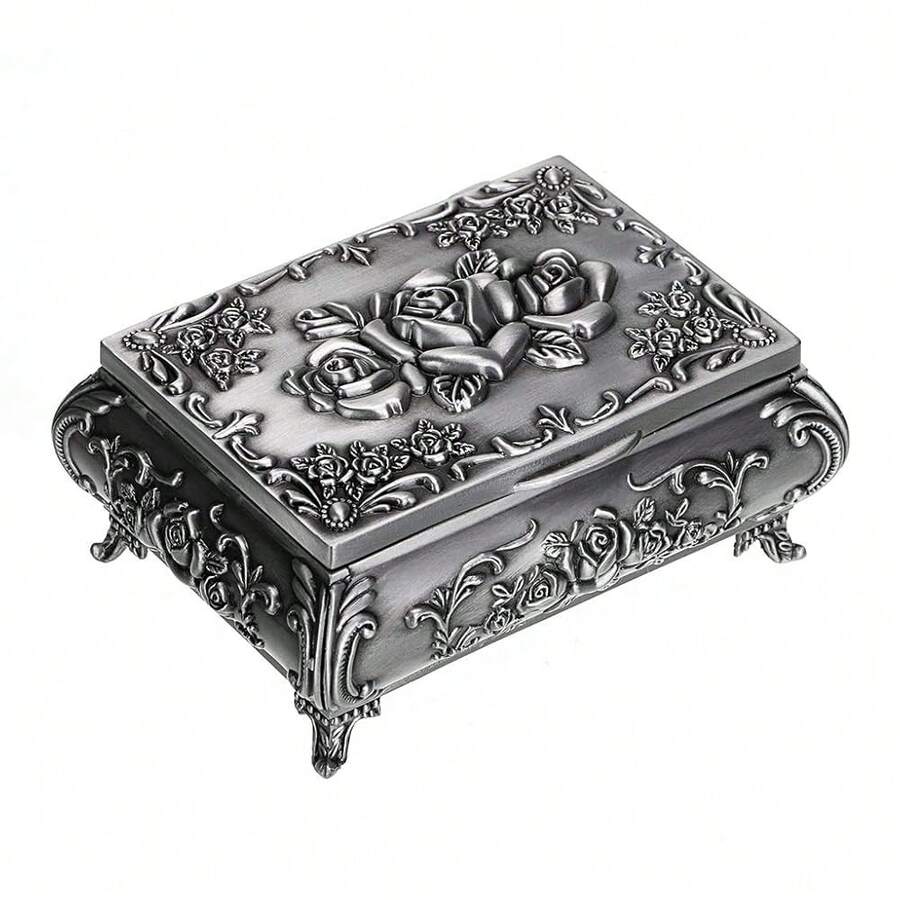 Hipiwe Vintage Metal Jewelry Box Small Trinket Jewelry Storage Box For Rings Earrings Necklace Treasure Chest Organizer Antique Jewelry Keepsake Gift Box Case For Women (Small),Small,Silver - Silver - 查看 1