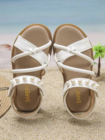 1 Pair Latest Style Fashionable Pearl Decorated Fairy Flat Sandals, Soft And Comfortable, Simple And Versatile, Suitable For Summer