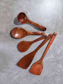 5pcs A Set Wooden Pattern Cooking Spoon & Ladle, Boho Osier Cooking Tool Set For Kitchen, Cooking Utensils - Natural Wood Color - View 9