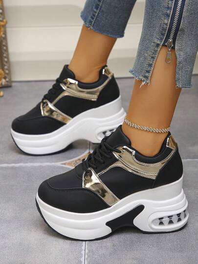 Women's Leopard Print Metallic Casual Preppy Athletic Lace-Up Sneakers, Suitable For Outdoor, Gym, Vacation, All Seasons