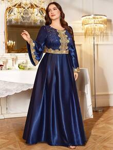Plus Size Sequin Floral Lace Patchwork Gold Trim Long Sleeve Satin Hem Elegant Evening Gown, Wedding Guest Dress, Suitable For Birthday, Homecoming Dance - Navy Blue - View 6