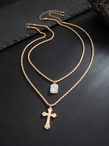 2件套时尚朋克极简几何水晶十字架吊坠项链，男士魅力饰品，适合日常、派对、节日、生日礼物，理想的男士礼物 - 幾何水鑽十字架項鍊 - 查看 4