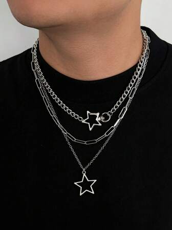 3pcs Punk Star Necklaces, Men's Personalized Charm Iron Alloy Chain Necklaces, Suitable For Daily, Party, Holidays, Birthday, New Year Gifts