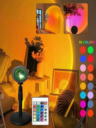 16色LED日落投影灯带，带遥控器 - 180°旋转RGB夜灯，适合家居装饰 - 非常适合客厅、卧室、户外露营、婚礼、情人节等场合