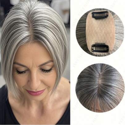 Invisible Clip-In Hair Extensions For Women - Real Human Hair Toppers, Straight Gray To White Gradient, A01 & A02 Styles, Perfect For Thinning Hair, Natural Look Toupee, Hair Thickness Solution | Natural Appearance | Secure Clip Attachments Seamless Natural Human Hair Topper For Women - Easy-To-Wear Invisible Toupee With 2 Clips, Straight Blonde Hair Piece To Elevate Style & Volume, Suitable For All Ethnicities
