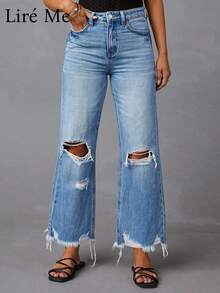 Liré Me 1pc Women'S High-Waisted Ripped Denim Jeans, Wide Leg Fringe Detail, Casual Cotton Blend Straight Leg Pants, All-Season Solid Color With Slight Stretch - 藍色 - 查看 6
