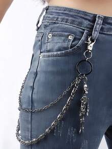 1 قطعة سلسلة بنطلون بتصميم جمجمة بنمط بانك روك للرجال، متعدد السلاسل، إكسسوار شارع هيب هوب حاد - الجمجمة السوداء - مشاهدة 2