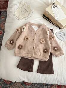 2pcs/Set Baby Girl Casual Cute Knitted 3D Floral Long Sleeve Top And Flare Pants Set, Spring/Autumn - Brown - View 8