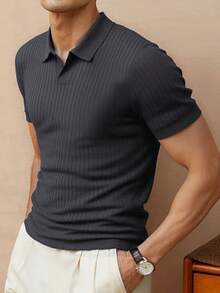 HUODA Men's Loose Thin Solid Color Casual Polo Collar Short Sleeve Ribbed Knit Top, Retro Style - Dark Grey - View 4