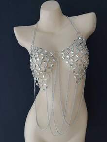 ZHENGHEN Silver Sequin Beaded Camisole Top, Multi-Layer Necklace For Holiday Party, Sexy Women Body Chain, Perfect Gift - Silver - View 3