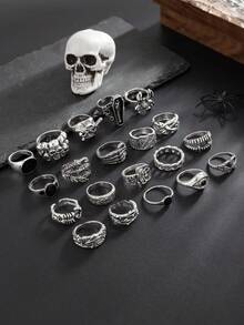 20件套哥特式骷髅头吊坠戒指套装，时尚街头嘻哈男士饰品 - 銀色 - 查看 3