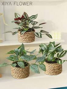 1/3件装人造藤编盆栽，薄荷叶、网叶、眉叶，3种款式，海草绳花盆，海草绳，绿色，PE和涤纶材质，桌面装饰，宿舍和办公室装饰，情人节，春夏家居装饰