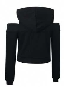 韩版露肩拉链连帽卫衣，宽松显瘦休闲百搭外套，秋冬款 - 黑色 - 查看 7