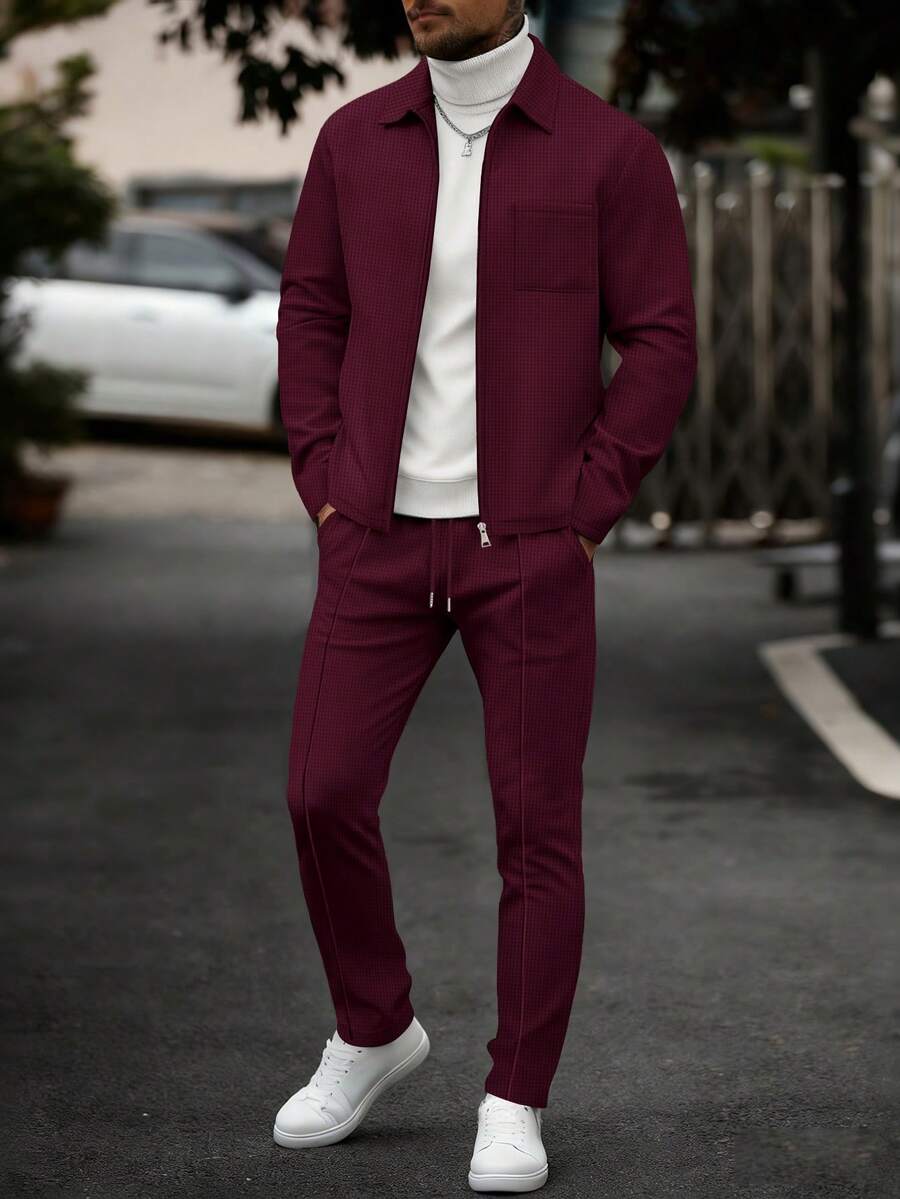 男士两件套，时尚简约拉链外套（带领子和口袋）+抽绳腰裤，轻盈涤纶面料，适合春秋季休闲、日常、度假穿着，也可作为送给男友的礼物。 - 酒紅色 - 查看 1