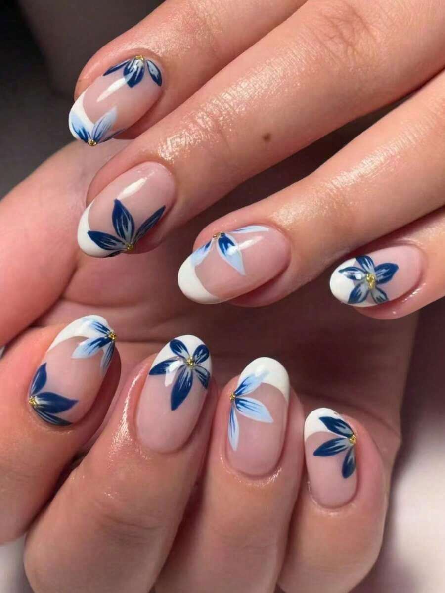 24pcs Oval Flower Nail Stickers With Shell & Pearl Decor, High Adhesion French Manicure Stickers For Short Acrylic Nails, Includes 1pc Jelly Gel And 1pc Nail File, Suitable For Women & Girls For Daily, Holiday Party, Etc. - Nhiều màu 2 - Xem 1