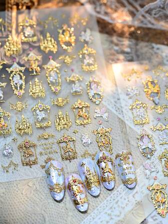 Lyxiga guldfärgade fantasihästnagelklistermärken varmstämpling mytisk guldnageldekoration