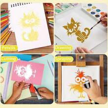 12 pezzi Modelli riutilizzabili per dipinti di uccelli e gatti cartoni animati, adatti per artigianato e pittura, motivi adatti per scrapbooking fai-da-te, loghi, magliette, tele, pareti, mobili, pavimenti - Multicolore - Visualizzare 2