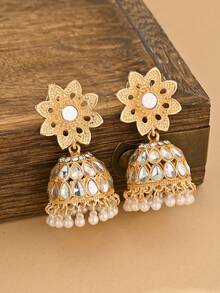 优雅的南亚风格彩色吊坠耳环，镶嵌水滴水钻、流苏饰物、仿珍珠耳饰，适合女性日常佩戴、节日、婚礼和派对、女性礼物