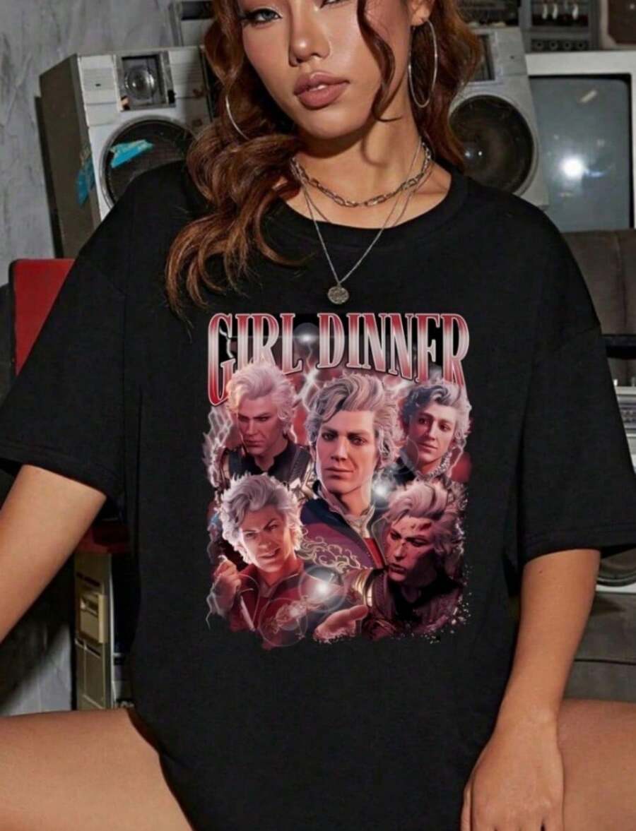 Limited Astarion Baldurs Gate 3 Girl Dinner Vintage T-Shirt Gift Unisex Tee - 黑色 - 查看 1