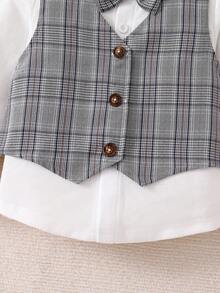 Baby Boy Grey Plaid Gentleman Outfit - Long Sleeve White Shirt + Plaid Vest + Plaid Pants, Paired With Bow Tie & Beret Hat, Soft & Skin-Friendly Material, Formal Wear For Spring/Autumn Occasions - Grey - View 5