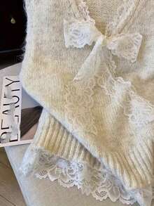 女士马海毛蕾丝无袖上衣 | 浪漫蝴蝶结镂空针织衫 | 优雅叠穿单品，适合休闲和约会穿着 - 暖杏色 - 查看 4