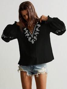 Rusttydustty Áo kiểu Boho thêu tua rua, áo kiểu nông dân cổ chữ V bằng vải lanh đen, trang phục đi biển, lễ hội âm nhạc, kỳ nghỉ nhiệt đới - màu đen - Xem 5