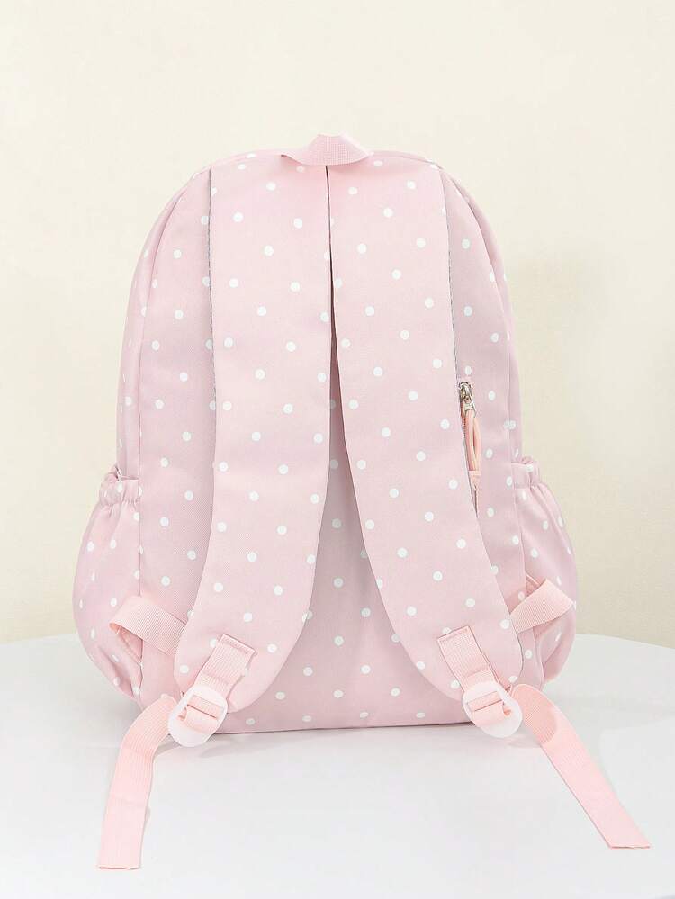 1 PC Pink Dot Embroidered Bow Backpack Travel Versatile Cute Style,Multifunctional And Large Capacity Fashionable And Casual Large Capacity Portable Zipper School Bags,Travel Storage Stationery Storage,Vacation Essentials Satchel, Suitable For Earphones, Chargers, Lipstick, Cosmetics, Perfume, Skin Care And Beauty Products, Nurses, Students, Keys, Holiday Gifts - 粉色 - 查看 3