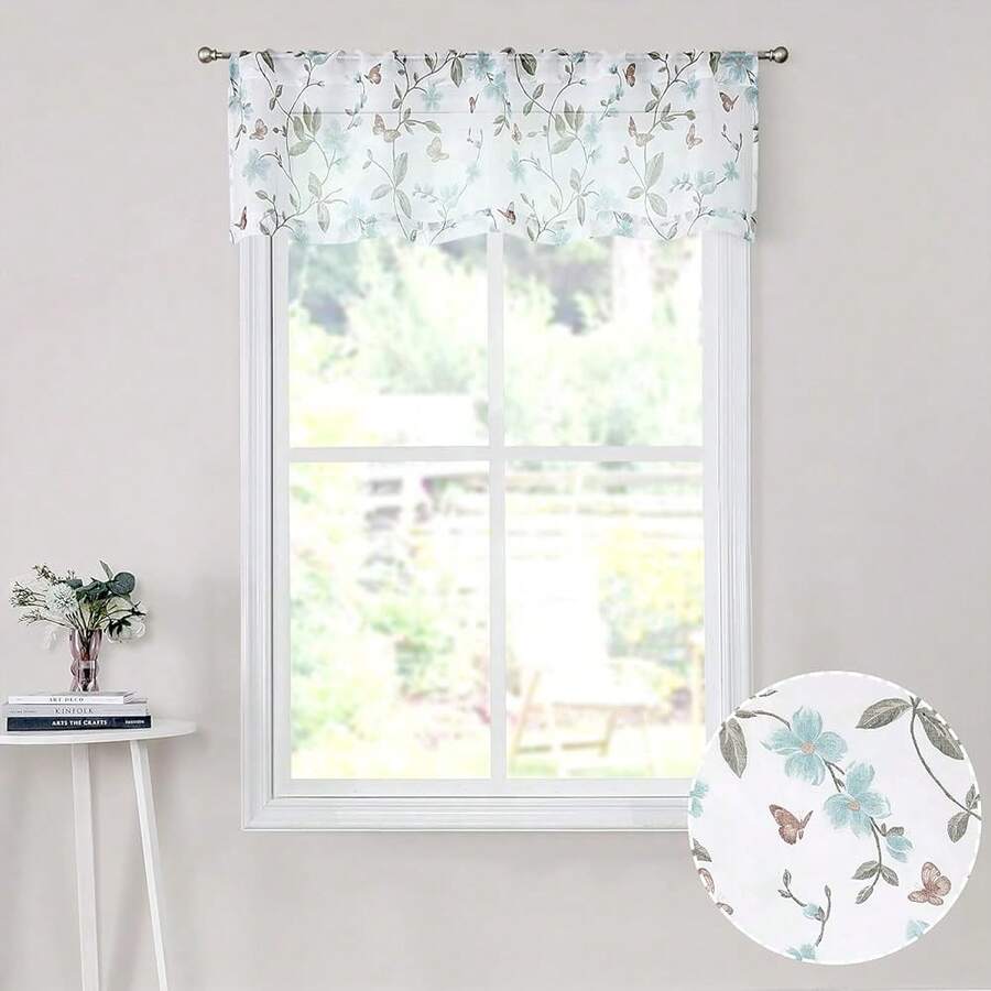 Tollpiz Sheer Floral Curtain Valance Blue Flower Butterfly Printed Bedroom Curtain Valances Rod Pocket Voile Faux Linen Window Valance Curtains For Living Room, 54 X 16 Inches Long, Set Of 1 Panel,54inchWx16inchL(Packof1),Blue - Blue - 查看 1