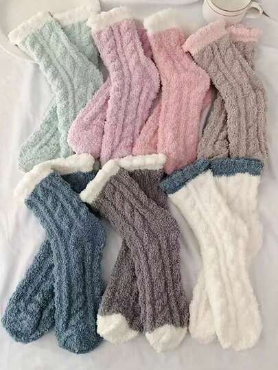 5 Pairs Women's Coral Fleece Contrast Color Comfortable Warm Sleep & Home Mid-Calf Socks, Autumn/Winter