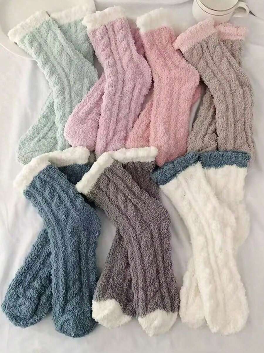 5 Pairs Women's Coral Fleece Contrast Color Comfortable Warm Sleep & Home Mid-Calf Socks, Autumn/Winter - Multicolor - View 1
