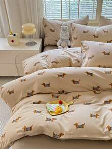 四件套柔软加大款ins风双面床品套装，棕色腊肠犬印花图案（1件被套+1件床单+2件枕套），亲肤磨毛面料，360°防滑包边，不含荧光增白剂，透气、柔软、耐用、可机洗、保暖，适合卧室、客房、宿舍等各种环境，四季皆宜。 - 小復古狗 - 查看 7