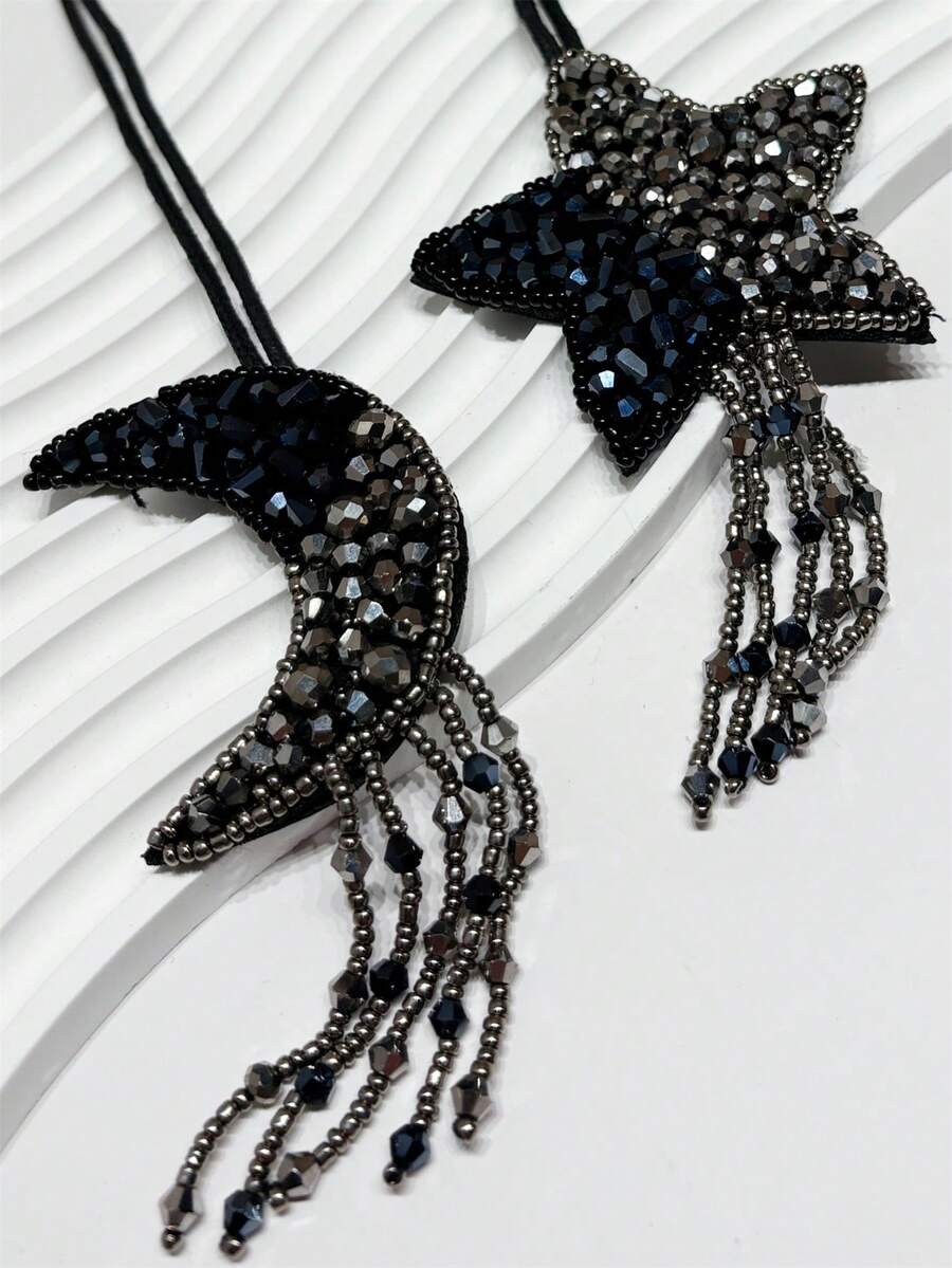 1 pieza Bolso de hombro, bolso cruzado, bolso de mano, llavero, accesorio de bolso con diseño de estrella y luna de cristal falso, patrón elegante y minimalista, estilo geométrico y borla versátil