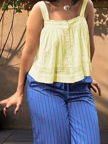 Women Camisole, Sleeveless Tops Lace Trim Button Closure Loose Summer Vest for Party Club - Amarillo - Ver 2