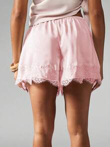 Women Drawstring Shorts Casual Loose Fit Stylish Solid Lace Trim Mid Rise Shorts - Rosa - Ver 3